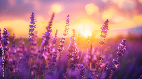 Blooming lavender flowers at sunset in Provence France © Hassan