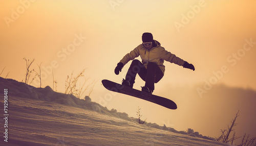 Thrilling Winter Action: Snowboarder Performing a Mid-Air Trick on a Snowy Hill, Capturing the Adrenaline and Beauty of Winter Sports