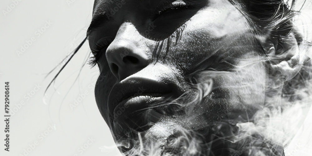 Fototapeta premium Close-up of a woman's face with wind-blown hair and smoke. Intense black and white digital portrait with a dynamic and mysterious mood. Suitable for fashion and conceptual art