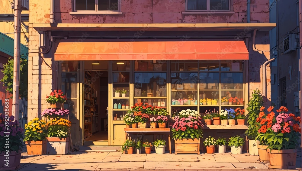flower shop store sunset in landscape anime cartoon illustration from Generative AI