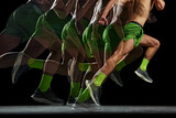 Cropped image of athletic, muscular, shirtless man in motion, running against black background with stroboscope effect. Concept of sport, active and healthy lifestyle, endurance and strength