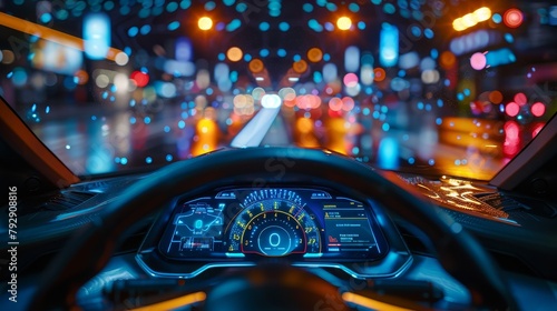 The cockpit of an autonomous vehicle at night, with a digital speedometer and a HUD (Head Up Display) photo