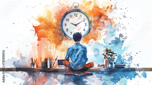 A project manager who can control time, with a watercolor clock that moves hands to adjust deadlines