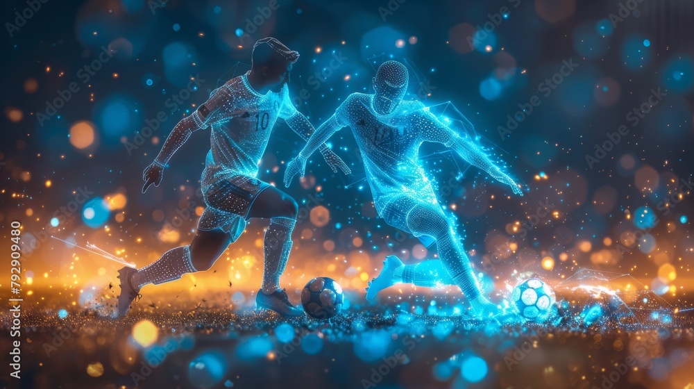 Wireframe low poly soccer players in a futuristic style