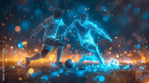 Wireframe low poly soccer players in a futuristic style
