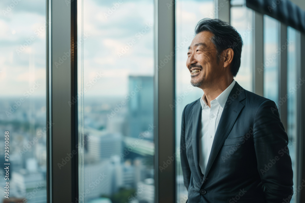An accomplished Japanese middle-aged man stands in a modern skyscraper office boardroom, smiling as he looks out the window at the city below. 
