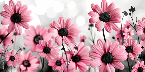 Digital artwork of pink flowers with selective color on a monochrome background. Ideal for contemporary wall art, greeting cards, and invitations photo