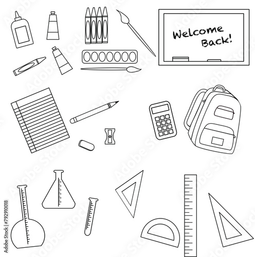 school supplies icons, brushes, watercolours, tempera, calculator, backpack, sheet of paper, squares, ruler, ampoules, sharpener, pencil, wax crayons, school vector graphics