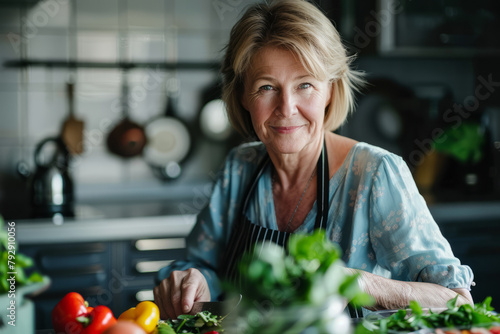 Amidst her cooking routine, a happy and attractive middle-aged woman prepares a dietary vegetarian salad for dinner, selecting organic ingredients with care. As she chops fresh vegetables photo
