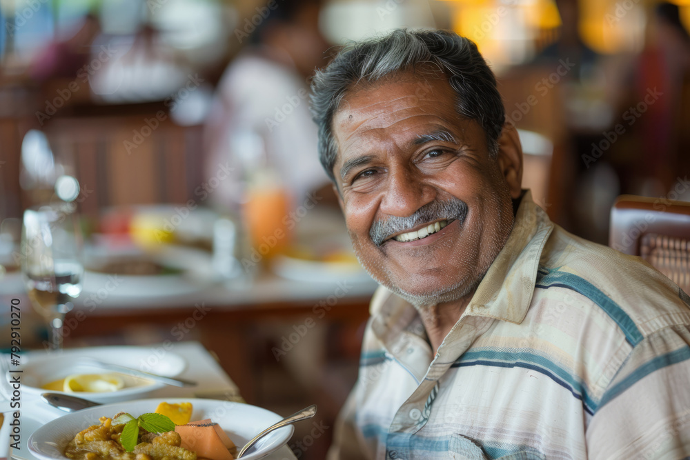 An enthusiastic Indian man delights in his breakfast at the hotel, smiling at the camera with a sense of satisfaction and contentment as he enjoys his meal.