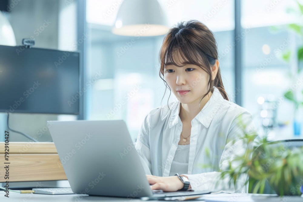 Focused young Japanese businesswoman engrossed in her laptop work in the office, displaying her proficiency and dedication to her responsibilities, amidst a sleek and minimalist office environment. Focused young Japanese businesswoman engrossed in her laptop work in the office, displaying her proficiency and dedication to her responsibilities, amidst a sleek and minimalist office environment.