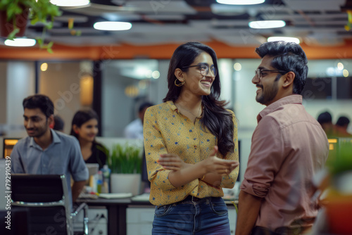 Happy Indian business colleagues converse warmly while navigating through the office, demonstrating their harmonious work relationships and mutual respect in their professional setting.