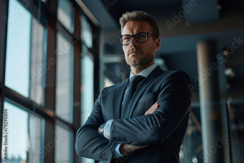 Standing in the boardroom with his arms crossed, a successful business professional radiates confidence and competence, ready to tackle any challenge.