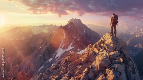 A Hiker Observes Mountain Sunrise #792910633