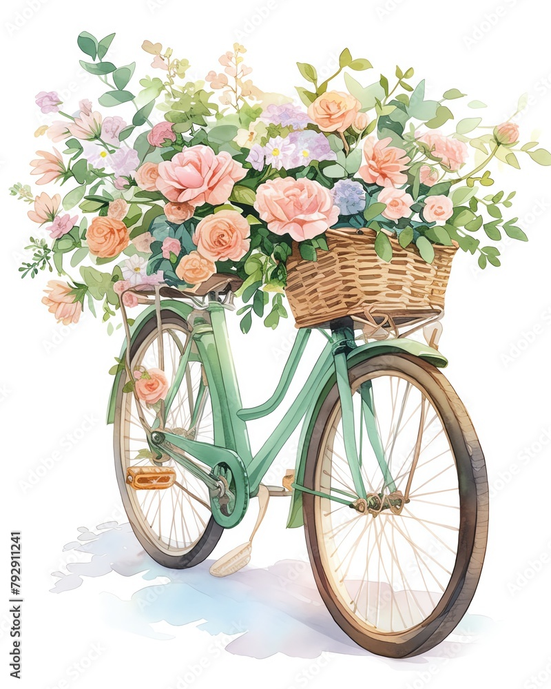 Single object watercolor clipart of a vintagestyle bicycle, adorned with wooden baskets filled with fresh flowers, rendered in delicate watercolors, isolate on white background