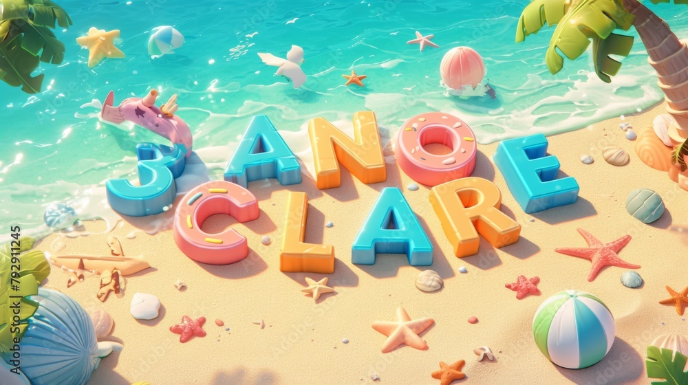 Colorful 3D letter Clay ABC Blocks on Beach with Sea Background. Playful Learning and Creativity Concepts.