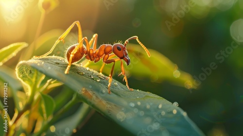 frame photograph of ant on a leaf with blurred background