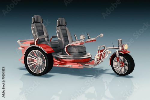 Illustration, Elektro Chopper, E-Bike, E-Trike mit Lastenkorb auf farbigen Hintergrund