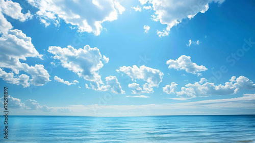 Blue sea and sky with white clouds. Beautiful nature background © Hassan
