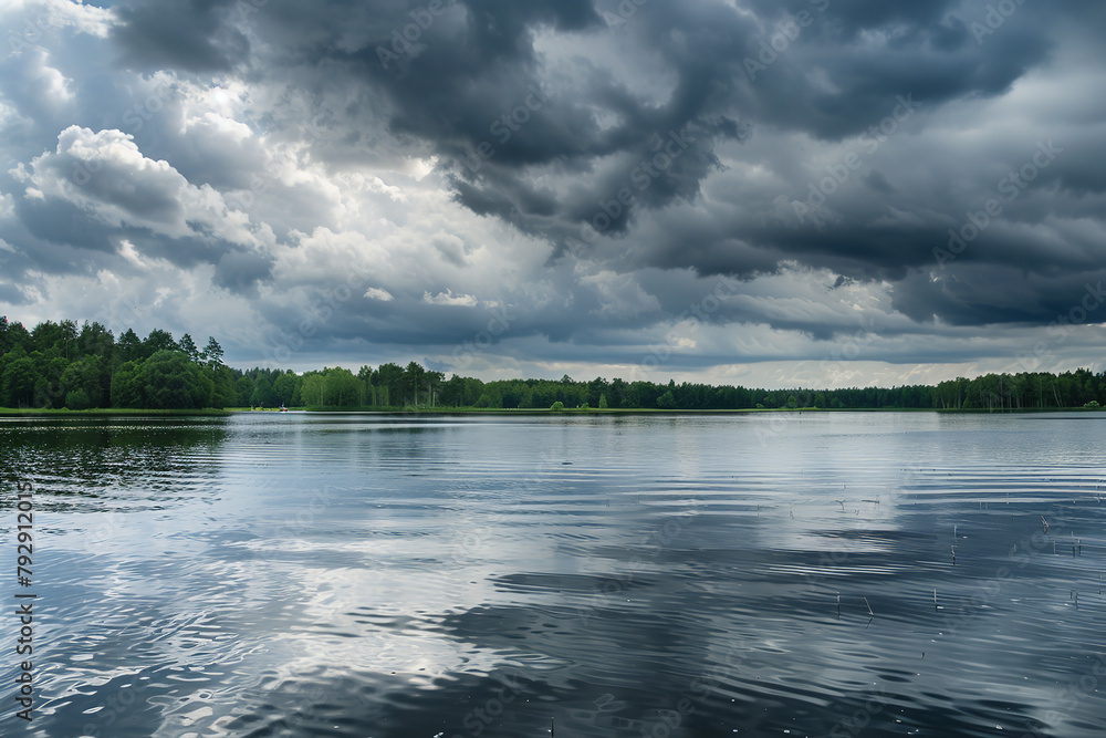 Dark storm clouds gathering over a calm lake