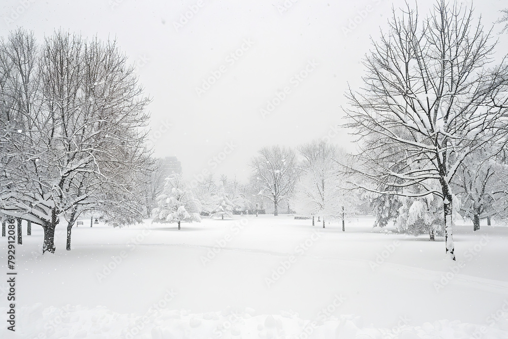 A heavy snowstorm blankets a city park - transforming the landscape into a serene white expanse dotted with the outlines of bare trees A heavy snowstorm blankets a city park - transforming the landscape into a serene white expanse dotted with the outlines of bare trees