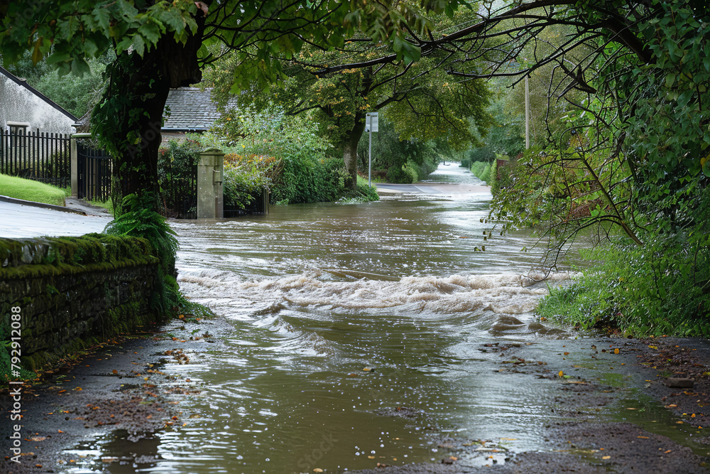 Naklejka premium Torrential rain causes a river to overflow - flooding nearby paths and causing disruption in the lives of local residents