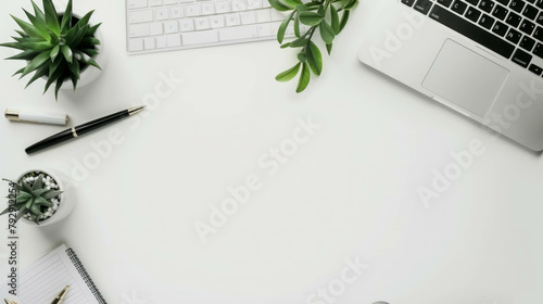 Explore a minimalist workspace featuring a white computer, keyboard, and mouse elegantly placed on a wooden table. Ideal for productivity. AI generative.