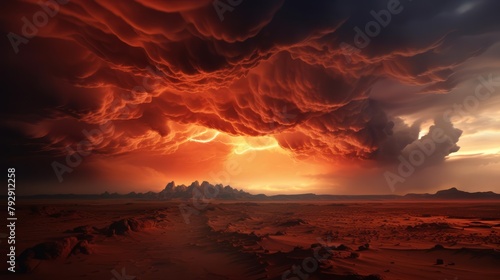 a fierce desert storm raging under a foreboding red sky, capturing the intense moment before its sent into the abyss