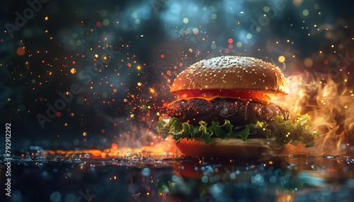 A futuristic depiction of a hamburger disintegrating into digital pixels, blending food with technology