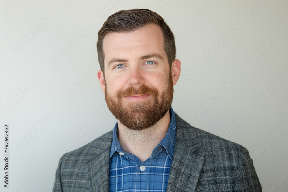 A man with a beard and a blue shirt is smiling for the camera A man with a beard and a blue shirt is smiling for the camera
