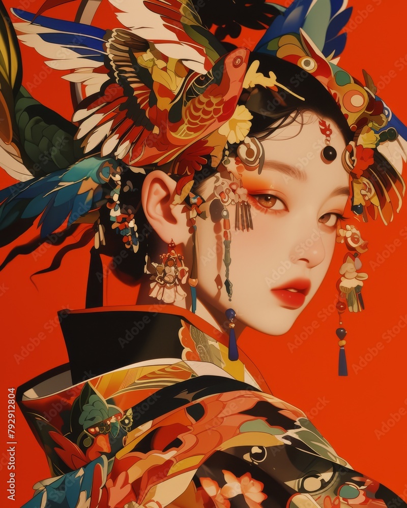 Fototapeta premium conceptual woman stylish portrait asian style dress and composition makeup cosmetic magazine style vertical proportion