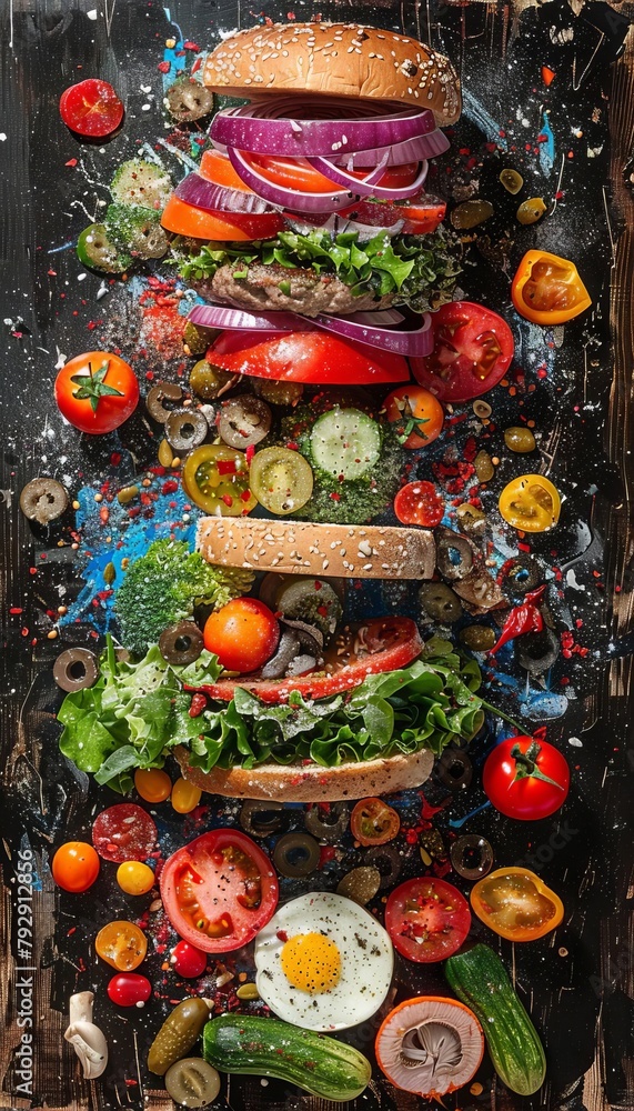 A collage using real food items to create a scene of a hamburger explosively deconstructing, mixed media chaos