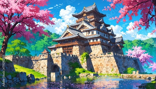 japanese castle at spring in landscape anime cartoon illustration from Generative AI