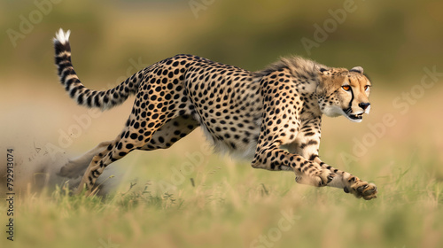Embark on an exhilarating journey across the African grasslands with this breathtaking extreme close-up shot capturing the lightning-fast sprint of a majestic cheetah. The image zooms in on the sleek 