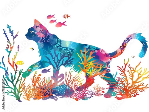 Graceful Cat in Colorful Coral Reef An Underwater Ballet of Elegance photo