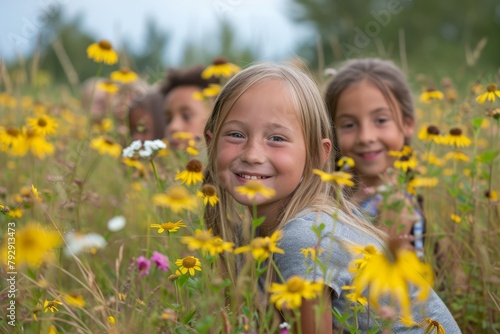 Adorable little girls on a meadow with flowers in summertime