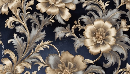 Extravagant Platinum Elegance, Velvet Silk adorned with Floral Motifs, Gold Detailing, and an Opulent Abstract Wallpaper