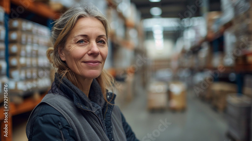 Woman in Warehouse Next to Shelves © Jean Isard