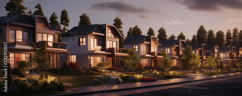 Beautiful modern houses in a residential neighborhood, panoramic view, generated ai © emilio100