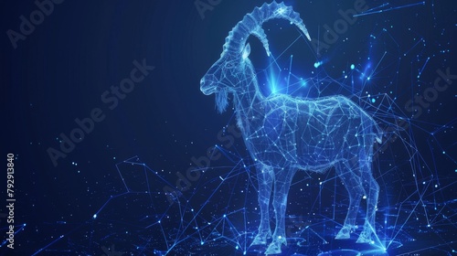 A wireframe goat is depicted in the 12 zodiac signs of the zodiac, with the constellations of the galaxy behind it