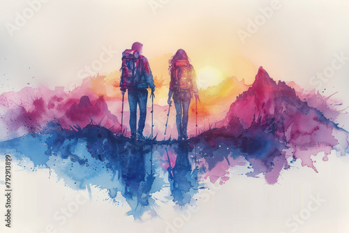Pink watercolor painting of a couple hiking in forest, adventure photo