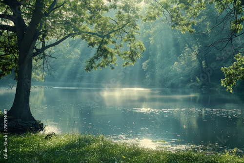 A tranquil landscape photograph depicting a peaceful scene of nature  with soft sunlight filtering through the trees and reflecting off a calm body of water. 