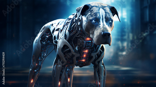 Cybernetic dog with intricate mechanical details, set against a moody, futuristic backdrop, representing the intersection of biology and advanced robotics. © Future For You