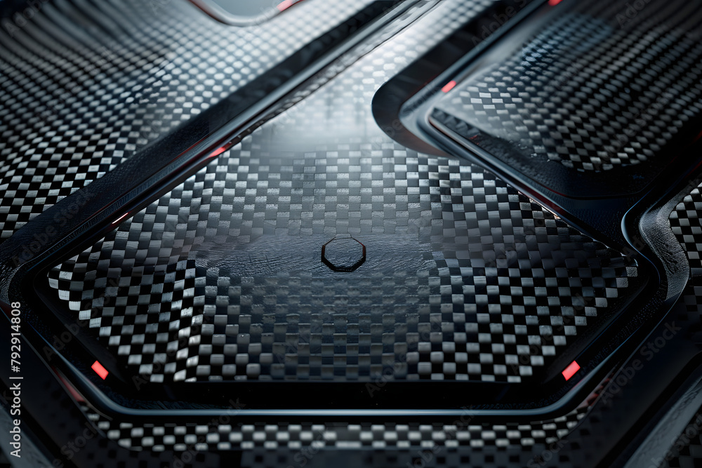 Metallic plate with carbon fiber texture, futuristic shapes, it has an industrial look reminiscent of car parts or sports equipment Metallic plate with carbon fiber texture, futuristic shapes, it has an industrial look reminiscent of car parts or sports equipment