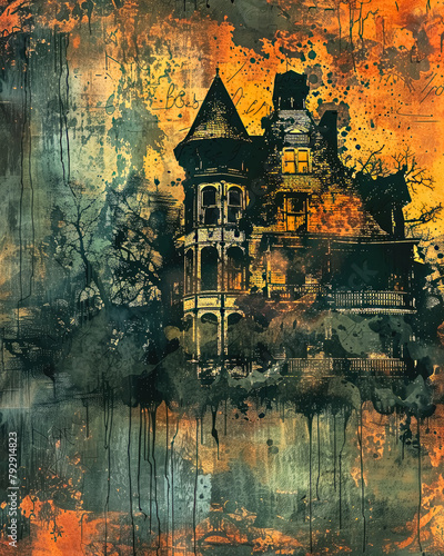 Vintage Halloween Haunted House Background in Distressed Grunge Style