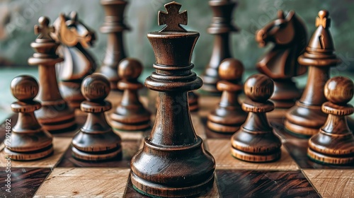 A set of wooden chess pieces, including a rook and king, on a board, ready for a strategic game.