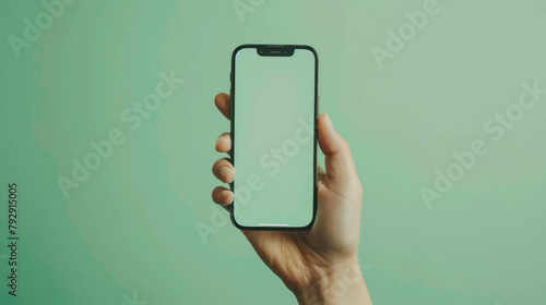 Immerse yourself in the digital oasis of connectivity with this AI generative depiction, showcasing a hand holding a phone against a refreshing green background.