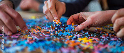 employees playing game and joining pieces of jigsaw puzzle during team building activity