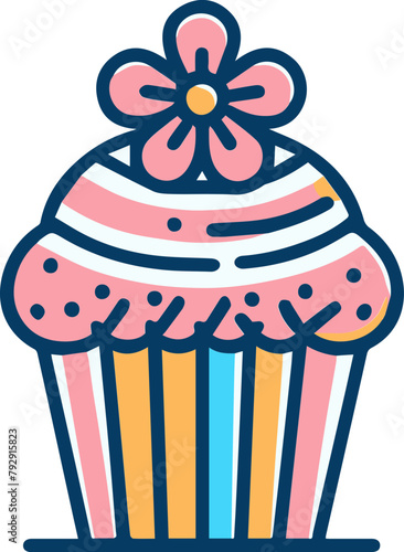 A cupcake with pink frosting and a flower on top.