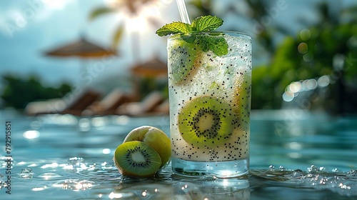 Kiwi cold tea with fresh mint on a luxury resort background. Summer vacation and beverage concept. For sea holiday. Soft drink shot for wallpaper, poster, banner photo